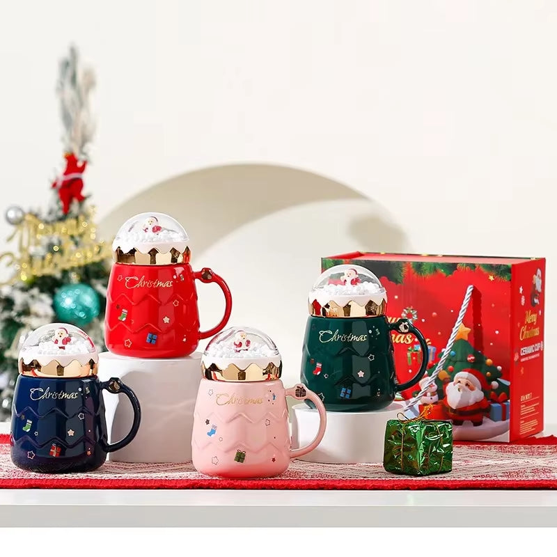 Christmas Creative Ceramic Mug Gift Box Four Colors Cartoon Coffee Cup Beverage Cup Hot Drink Home Office Christmas Ceramic Mug