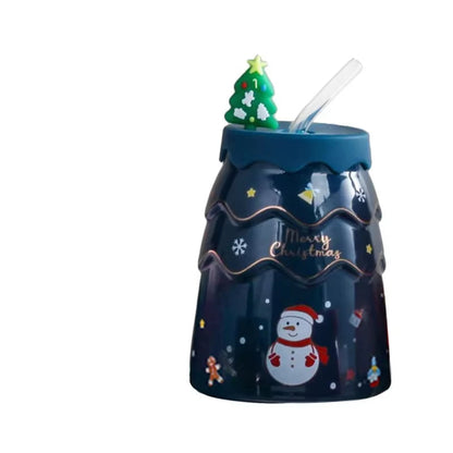 Christmas Mugs Cartoon Xmas Tree Shape Creative Ceramic Cup with Lid and Straw Santa Claus Coffee Couples Mugs Home Decor Gifts