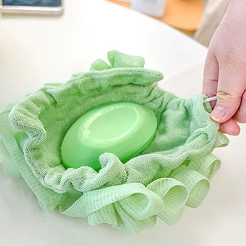 2-In-1 Bath Ball Towel Loofah with Drawstring Closure for Soap Soft Exfoliating Mesh Shower Sponge Skin Care Bathing Tool