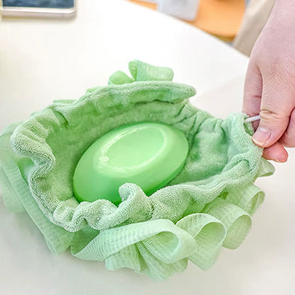 2-In-1 Bath Ball Towel Loofah with Drawstring Closure for Soap Soft Exfoliating Mesh Shower Sponge Skin Care Bathing Tool