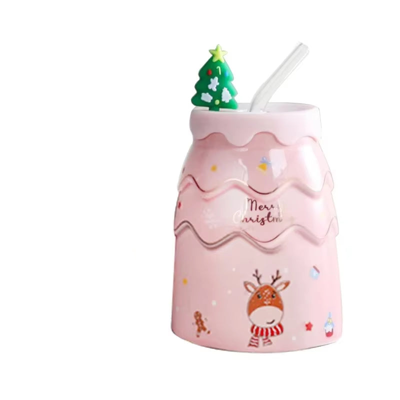 Christmas Mugs Cartoon Xmas Tree Shape Creative Ceramic Cup with Lid and Straw Santa Claus Coffee Couples Mugs Home Decor Gifts