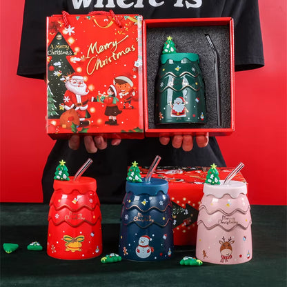 Christmas Mugs Cartoon Xmas Tree Shape Creative Ceramic Cup with Lid and Straw Santa Claus Coffee Couples Mugs Home Decor Gifts