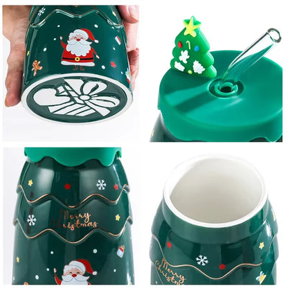 Christmas Mugs Cartoon Xmas Tree Shape Creative Ceramic Cup with Lid and Straw Santa Claus Coffee Couples Mugs Home Decor Gifts