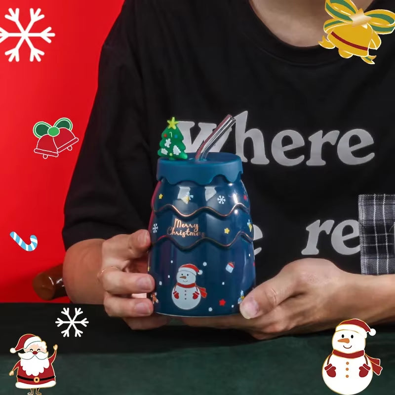 Christmas Mugs Cartoon Xmas Tree Shape Creative Ceramic Cup with Lid and Straw Santa Claus Coffee Couples Mugs Home Decor Gifts