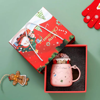 Christmas Creative Ceramic Mug Gift Box Four Colors Cartoon Coffee Cup Beverage Cup Hot Drink Home Office Christmas Ceramic Mug