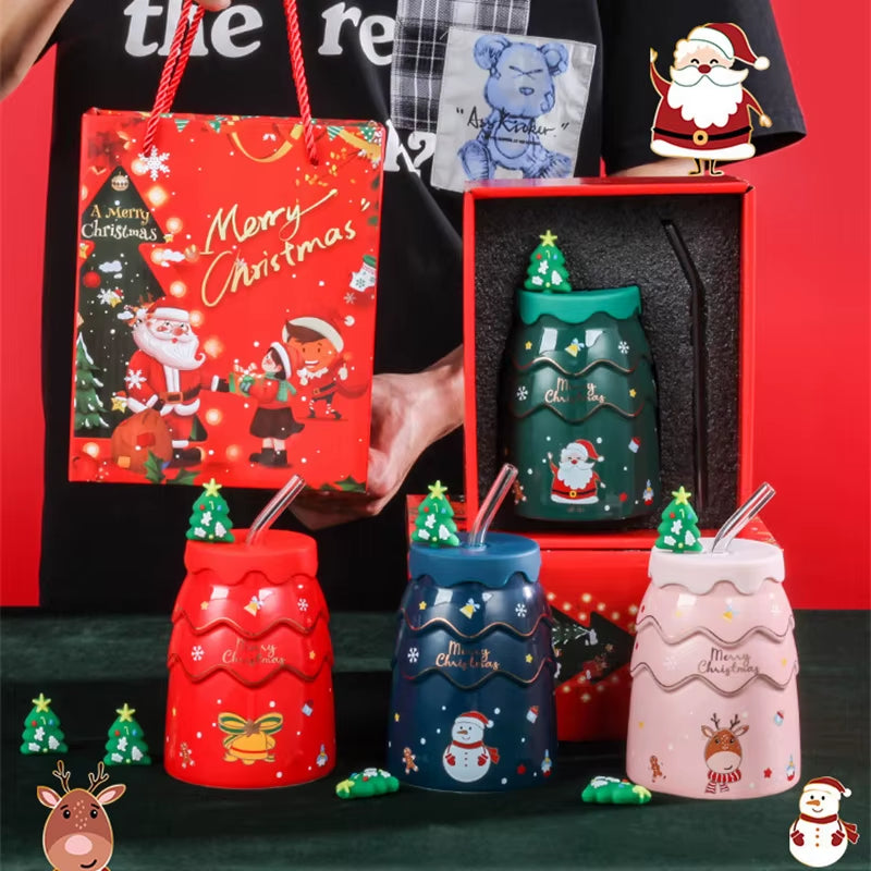 Christmas Mugs Cartoon Xmas Tree Shape Creative Ceramic Cup with Lid and Straw Santa Claus Coffee Couples Mugs Home Decor Gifts