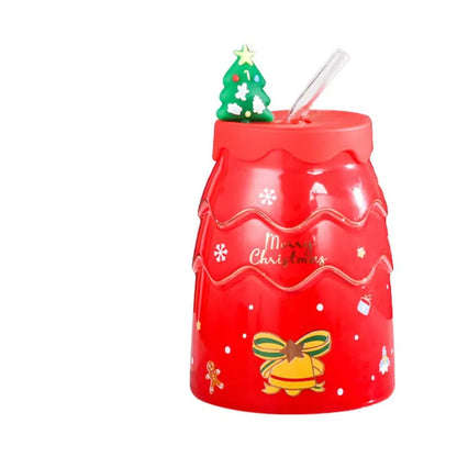 Christmas Mugs Cartoon Xmas Tree Shape Creative Ceramic Cup with Lid and Straw Santa Claus Coffee Couples Mugs Home Decor Gifts