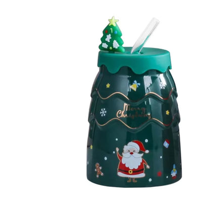 Christmas Mugs Cartoon Xmas Tree Shape Creative Ceramic Cup with Lid and Straw Santa Claus Coffee Couples Mugs Home Decor Gifts