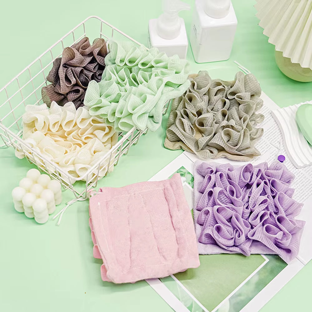 2-In-1 Bath Ball Towel Loofah with Drawstring Closure for Soap Soft Exfoliating Mesh Shower Sponge Skin Care Bathing Tool